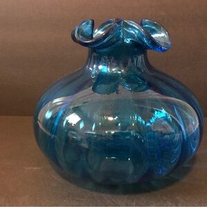 1940s Azure Blue Beacon Hofbauer Blown Optic Glass Onion/Squat Vase